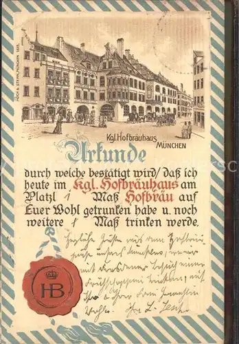 Muenchen Koenigliche Hofbraeuhaus Urkunde  Kat. Muenchen