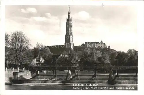 Landshut Isar Ludwigwehr Martinskirche und Bura Trausnitz Kat. Landshut