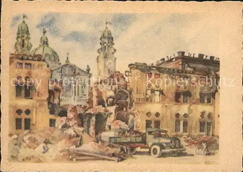 Muenchen Kaiserhof der Residenz zerstoert 1944 mit Theatinerkirche Kuenstlerkarte Kat. Muenchen