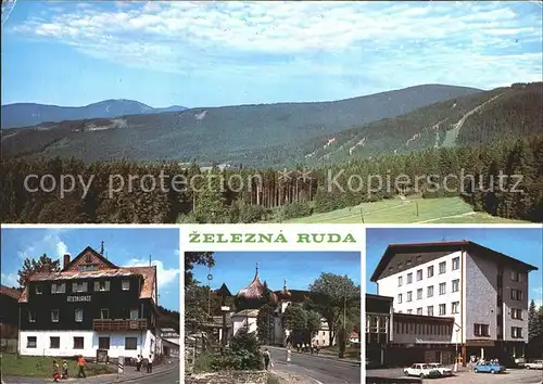 Zelezna Ruda Markt Eisenstein Sumavske panorama Hotel Slavie Kostelik s cibulovou bani Hotel Javor