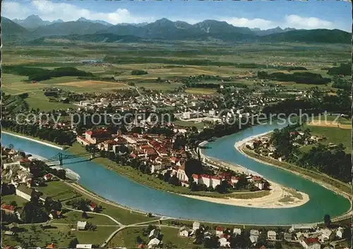 Laufen Salzach mit Blick zu den Alpen Fliegeraufnahme Kat. Laufen