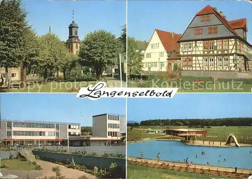 Langenselbold Teilansichten Kirche Fachwerkhaus Schule Schwimmbad Kat. Langenselbold