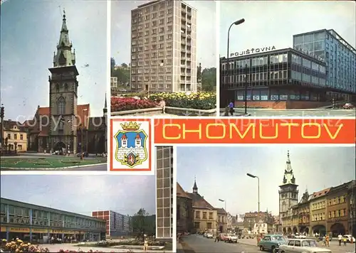 Chomutov Kirche Hochhaus Hotel Strassenpartie Kat. Komotau