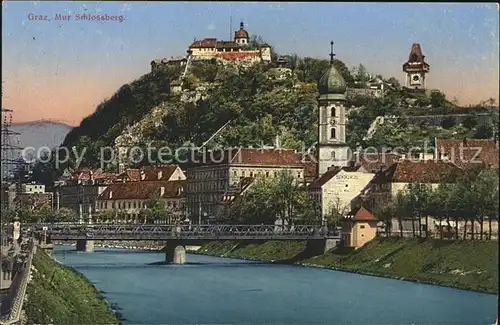 Graz Steiermark Mur Bruecke Schlossberg Uhrturm Wahrzeichen Kat. Graz