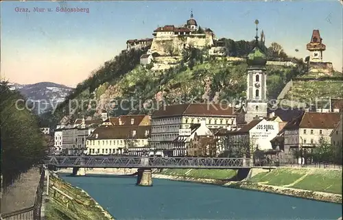 Graz Steiermark Mur und Schlossberg Bruecke Uhrturm Wahrzeichen Kat. Graz