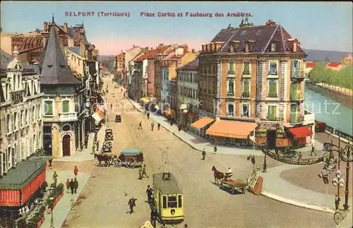 Belfort Alsace Place Corbis et Faubourg des Ancetres Tram Pferdefuhrwerk Kat. Belfort