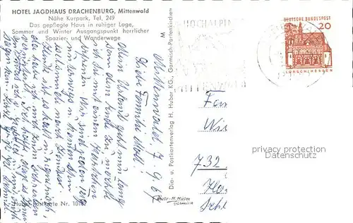 Mittenwald Bayern Hotel Jagdhaus Drachenburg Terrasse Huber Postkarte Nr 10167 Kat. Mittenwald