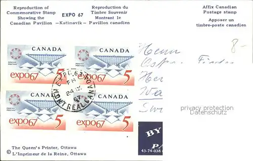 Montreal Quebec Expo 67 Canadian Pavilion Katimavik Stamp Sonderbriefmarke Kat. Montreal