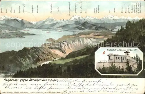 Hausen Albis Panorama Zuericher See und Alpen Wirtschaft zum Albishorn Kat. Hausen Albis