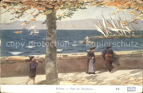 Evian les Bains Haute Savoie Port de batellerie Painture Lac Leman Kuenstlerkarte Kat. Evian les Bains