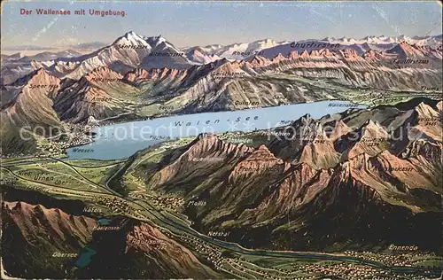 Walensee Umgebungskarte Alpen aus Vogelperspektive Kat. Walenstadt