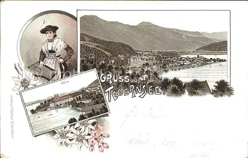 Tegernsee Schloss Tracht Zither Edelweiss Litho / Tegernsee /Miesbach LKR