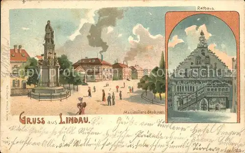 Lindau Bodensee Rathaus Maximiliansdenkmal Litho / Lindau (Bodensee) /Lindau LKR