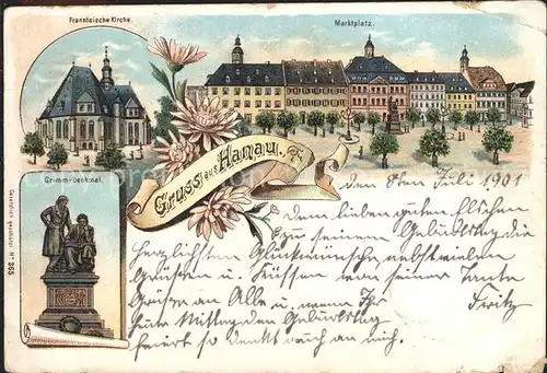 Hanau Main Grimm-Denkmal Marktplatz Franzoesische Kirche Litho / Hanau /Main-Kinzig-Kreis LKR