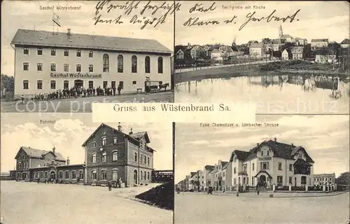 Wuestenbrand Gasthaus Bahnhof Teichpartie mit Kirche / Hohenstein-Ernstthal /Zwickau LKR