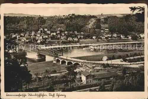 Bad Schandau Blick auf die Elbe mit Bruecke und Dampfer Kat. Bad Schandau