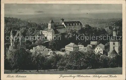 Hohnstein Saechsische Schweiz Schloss Hohnstein Jugendburg und Kirche Kat. Hohnstein
