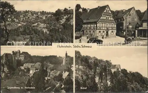 Hohnstein Saechsische Schweiz Blick vom Hockstein Markt Jugendburg Hohnstein Brand Kat. Hohnstein