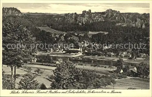 Rathen Saechsische Schweiz Kurort mit Talwaechter Lokomotive und Lamm Elbe Kat. Rathen Sachsen