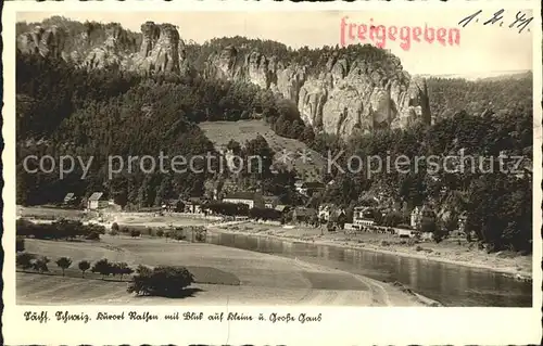 Rathen Saechsische Schweiz Kurort Elbe mit Blick auf Kleine und Grosse Gans Kat. Rathen Sachsen
