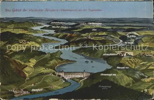 Waldeck Edersee Gebiet der Waldecker Talsperre Edertalsperre aus der Vogelschau Kunstdruckkarte No 2 Kat. Edertal