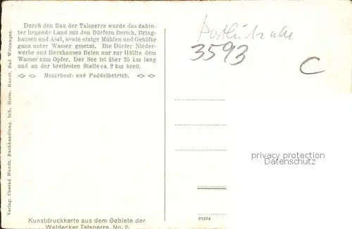Waldeck Edersee Gebiet der Waldecker Talsperre Edertalsperre aus der Vogelschau Kunstdruckkarte No 2 Kat. Edertal