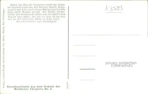 Waldeck Edersee Gebiet der Waldecker Talsperre aus der Vogelschau Edertalsperre Kunstdruckkarte No 2 Kat. Edertal