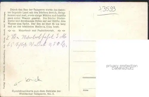 Waldeck Edersee Gebiet der Waldecker Talsperre aus der Vogelschau Edertalsperre Kunstdruckkarte No 2 Kat. Edertal