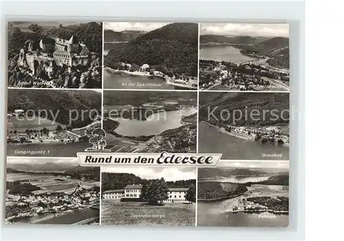 Edersee Schloss Waldeck Sperrmauer Strandbad Campingplatz Jugendherberge Fliegeraufnahme Kat. Edertal