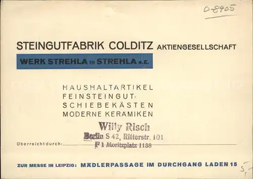 Strehla Steingutfabrik Colditz  Einladung zur Messe Kat. Strehla