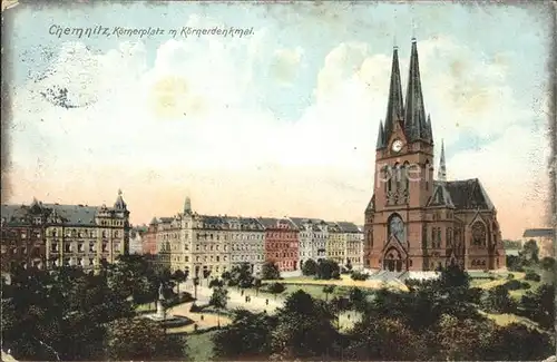 Chemnitz Koernerplatz mit Koernerdenkmal Kirche Kat. Chemnitz