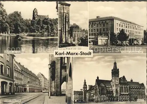 Karl Marx Stadt Schlossteich mit Schlosskirche Museum und Oper HO Hotel Chemnitzer Hof Innere Klosterstr Rathaus Kat. Chemnitz