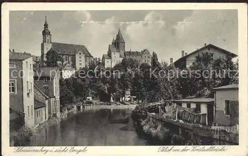 Schwarzenberg Erzgebirge Blick von der Vorstadtbruecke Kirche Schloss Kupfertiefdruck Kat. Schwarzenberg