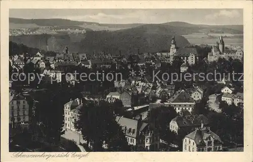 Schwarzenberg Erzgebirge Panorama Blick ueber die Stadt Kupfertiefdruck Kat. Schwarzenberg
