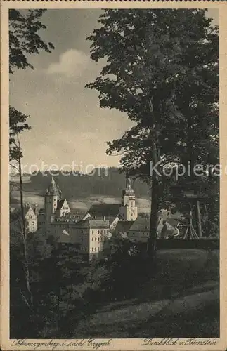 Schwarzenberg Erzgebirge Durchblick vom Totenstein Schloss Kirche Kupfertiefdruck Kat. Schwarzenberg