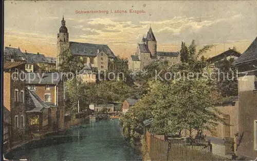 Schwarzenberg Erzgebirge Partie am Fluss Kirche Schloss Kat. Schwarzenberg