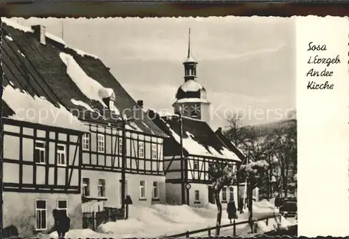 Sosa Erzgebirge Partie an der Kirche im Winter Kat. Sosa