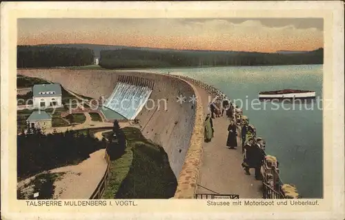 Muldenberg Vogtland Talsperre Sperrmauer Stausee mit Motorboot und ueberlauf Kat. Schoeneck Vogtland