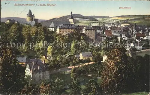 Schwarzenberg Erzgebirge Stadtbild mit Kirche und Schloss Realschule Kat. Schwarzenberg