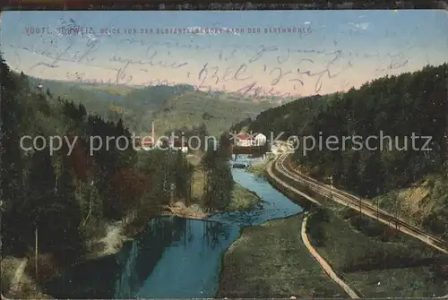 Jocketa Blick von der Elstertalbruecke nach der Barthmuehle Eisenbahn Vogtlaendische Schweiz Kat. Poehl Vogtland
