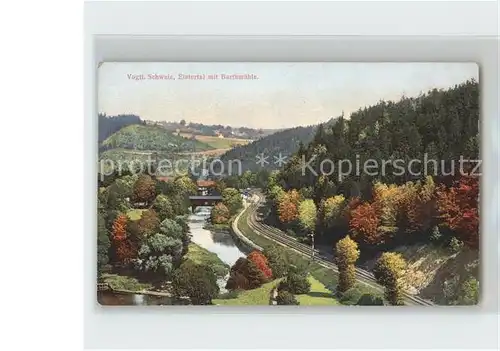 Mylau Panorama Elstertal mit Barthmuehle Eisenbahn Vogtlaendische Schweiz Kat. Mylau