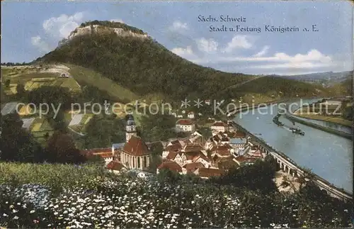 Koenigstein Saechsische Schweiz Ortsansicht mit Kirche Festung Elbe Kat. Koenigstein Saechsische Schweiz