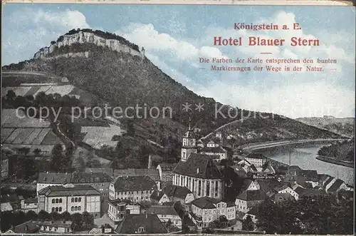 Koenigstein Saechsische Schweiz Ortsansicht Kirche Festung Elbtal Hotel Blauer Stein Landkarte Aufklappkarte Kat. Koenigstein Saechsische Schweiz