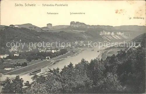 Postelwitz Elbpartie mit Falkenstein und Schrammsteine Kat. Bad Schandau