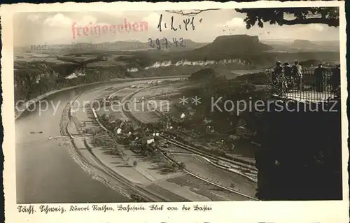 Rathen Saechsische Schweiz Bahnseite Blick von der Bastei Elbepartie Kat. Rathen Sachsen