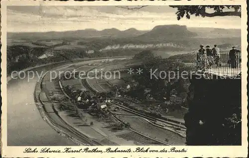 Rathen Saechsische Schweiz Elbe Bahnseite Blick von der Bastei Kat. Rathen Sachsen