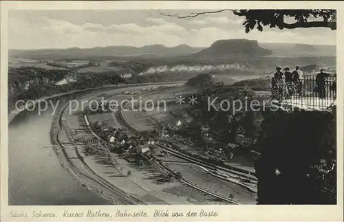 Rathen Saechsische Schweiz Elbe Bahnseite Blick von der Bastei Kat. Rathen Sachsen