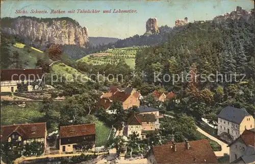 Rathen Saechsische Schweiz mit Talwaechter und Lokomotive Kat. Rathen Sachsen