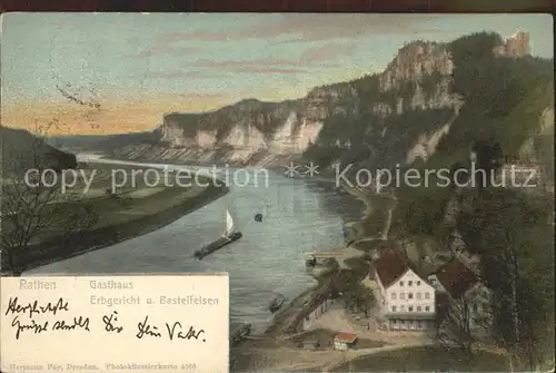 Rathen Saechsische Schweiz Gasthaus Erbgericht mit Elbe und Basteifelsen Kat. Rathen Sachsen