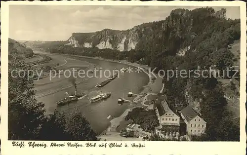 Rathen Saechsische Schweiz Blick auf Elbtal und Bastei Felsen Elbsandsteingebirge Buetten Kat. Rathen Sachsen